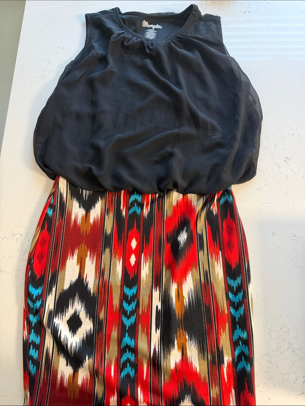 Wrangler Black Top with Red, Teal, Cream & Brown Aztec Skirt